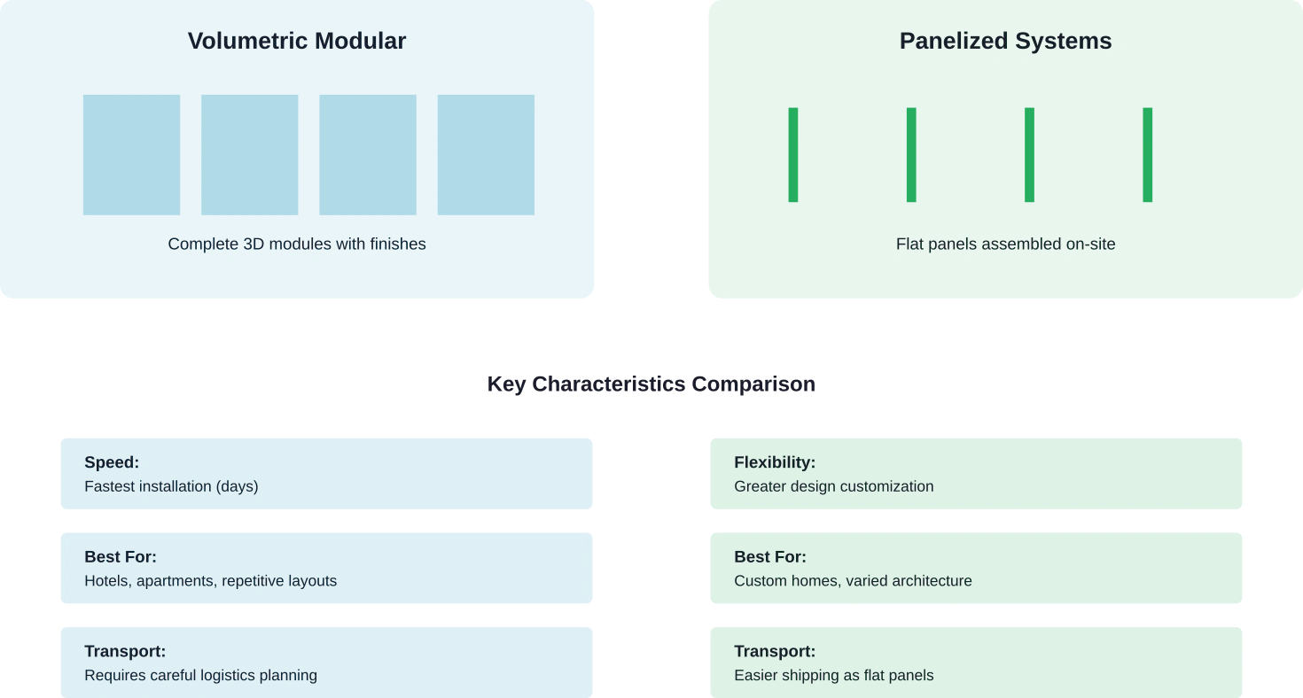 Comparison of volumetric modular and panelized construction approaches, showing their distinct characteristics and ideal applications.