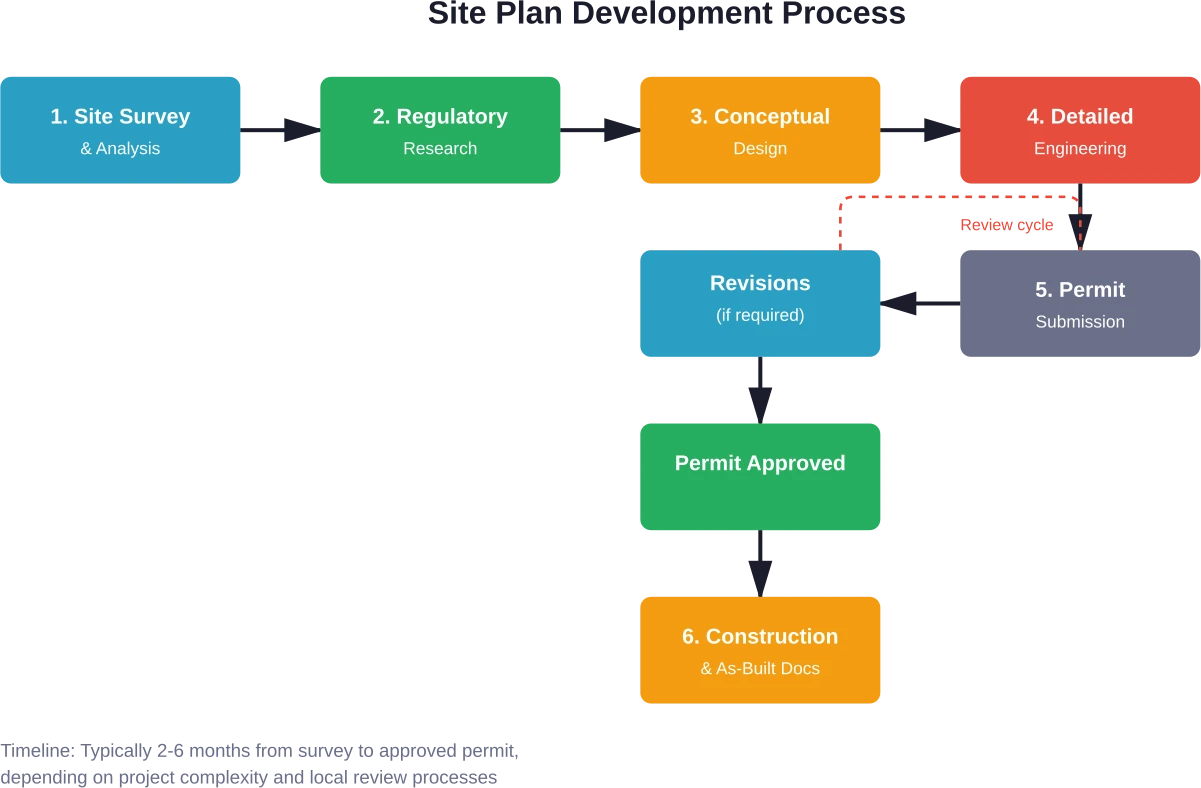 The site plan development process follows a structured sequence from initial survey through final as-built documentation