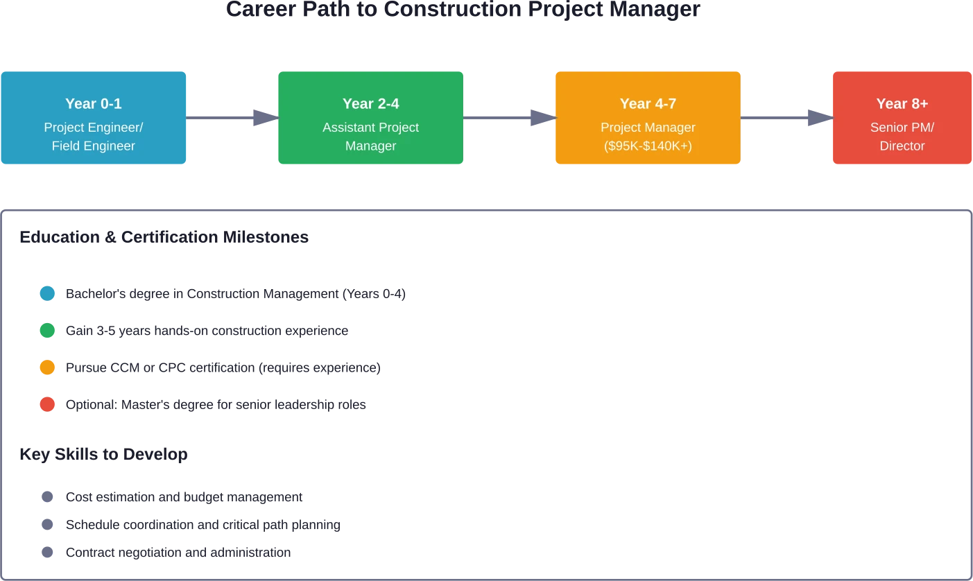 Typical career progression timeline for construction project managers, showing education and certification milestones alongside position advancement.